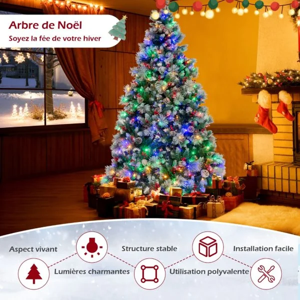 Sapin de Noël Artificiel Illuminé de 215 cm à Charnière avec 1116 Branches 400 Lumières LED 70 Pommes de Pin et 70Baies Rouges 11 Modes d'Éclairage