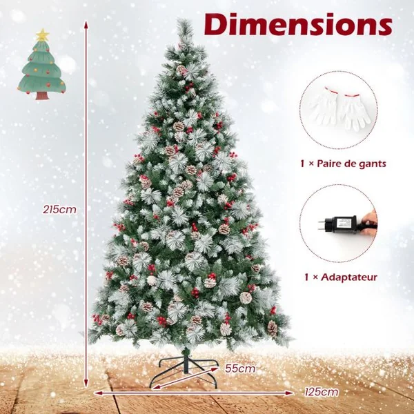 Sapin de Noël Artificiel Illuminé de 215 cm à Charnière avec 1116 Branches 400 Lumières LED 70 Pommes de Pin et 70Baies Rouges 11 Modes d'Éclairage
