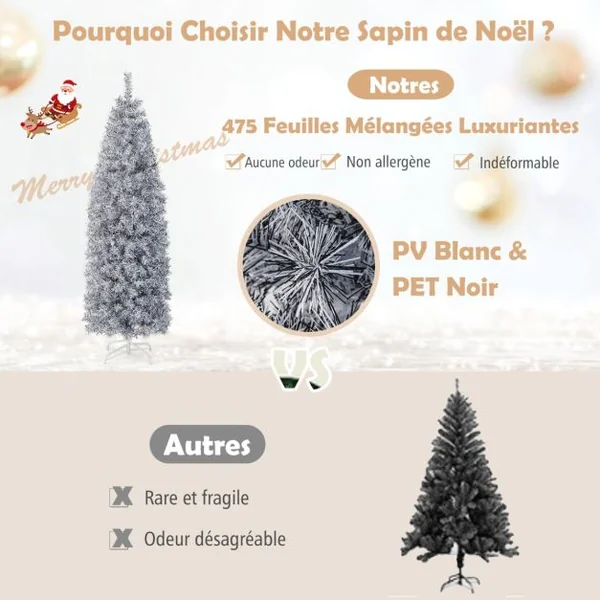 Sapin de Noël Artificiel Pré-éclairé 180 cm 475 Pointes de Branches 250 Lumières LED Blanc Froid Forme Crayon Base en Métal Pliable Arbre de Noël