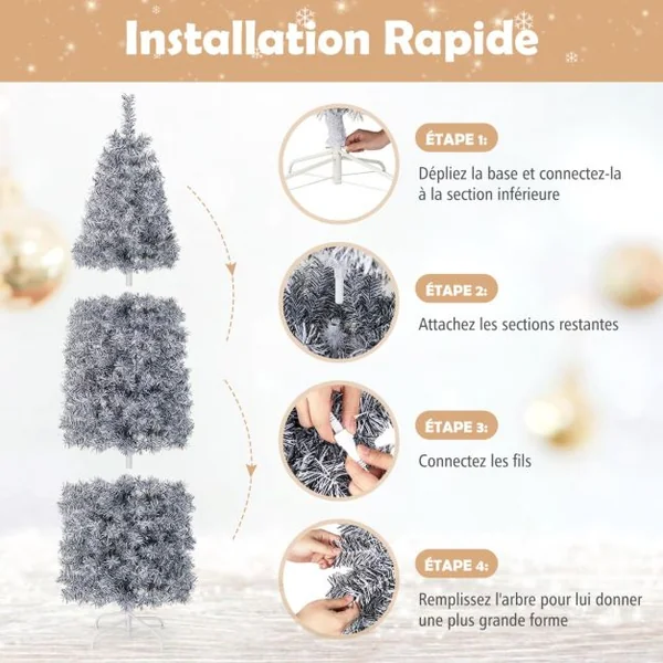 Sapin de Noël Artificiel Pré-éclairé 180 cm 475 Pointes de Branches 250 Lumières LED Blanc Froid Forme Crayon Base en Métal Pliable Arbre de Noël