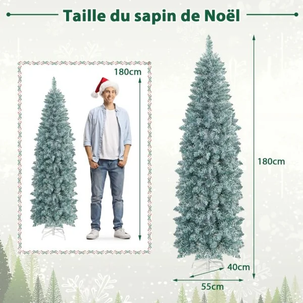 Sapin de Noël Artificiel Pré-éclairé 180 cm 478 Pointes de Branches 250 Lumières LED Multicolores Forme Crayon Arbre de Noël Charnière et Support en Métal Pliable