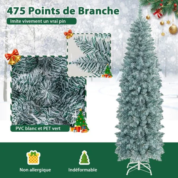 Sapin de Noël Artificiel Pré-éclairé 180 cm 478 Pointes de Branches 250 Lumières LED Multicolores Forme Crayon Arbre de Noël Charnière et Support en Métal Pliable