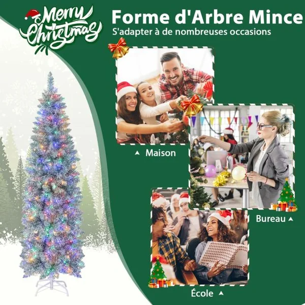 Sapin de Noël Artificiel Pré-éclairé 180 cm 478 Pointes de Branches 250 Lumières LED Multicolores Forme Crayon Arbre de Noël Charnière et Support en Métal Pliable