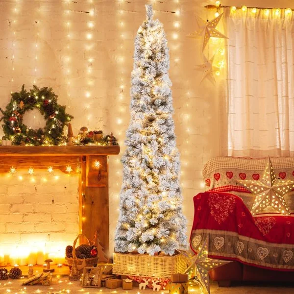 Sapin de Noël Artificiel Pré-éclairé 180 cm en Forme de Crayon Floqué de Neige 150 Lumières Blanches Chaudes 373 Pointes de Branches Aiguilles de Pin