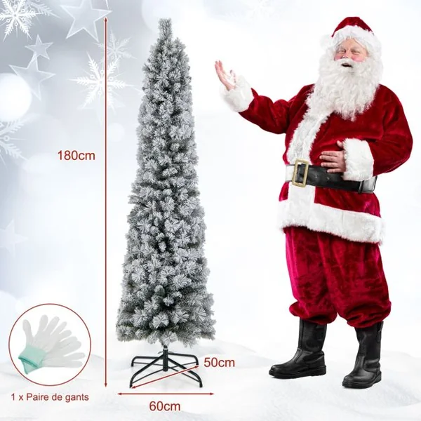 Sapin de Noël Artificiel Pré-éclairé 180 cm en Forme de Crayon Floqué de Neige 150 Lumières Blanches Chaudes 373 Pointes de Branches Aiguilles de Pin