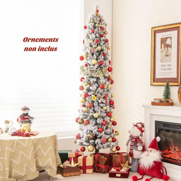 Sapin de Noël Artificiel Pré-éclairé 180 cm en Forme de Crayon Floqué de Neige 150 Lumières Blanches Chaudes 373 Pointes de Branches Aiguilles de Pin