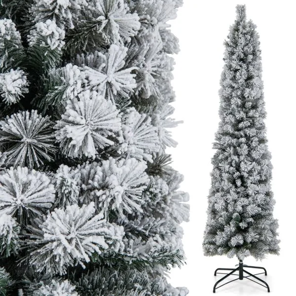 Sapin de Noël Artificiel Pré-éclairé 180 cm en Forme de Crayon Floqué de Neige 150 Lumières Blanches Chaudes 373 Pointes de Branches Aiguilles de Pin