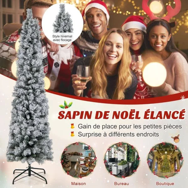 Sapin de Noël Artificiel Pré-éclairé 180 cm en Forme de Crayon Floqué de Neige 150 Lumières Blanches Chaudes 373 Pointes de Branches Aiguilles de Pin