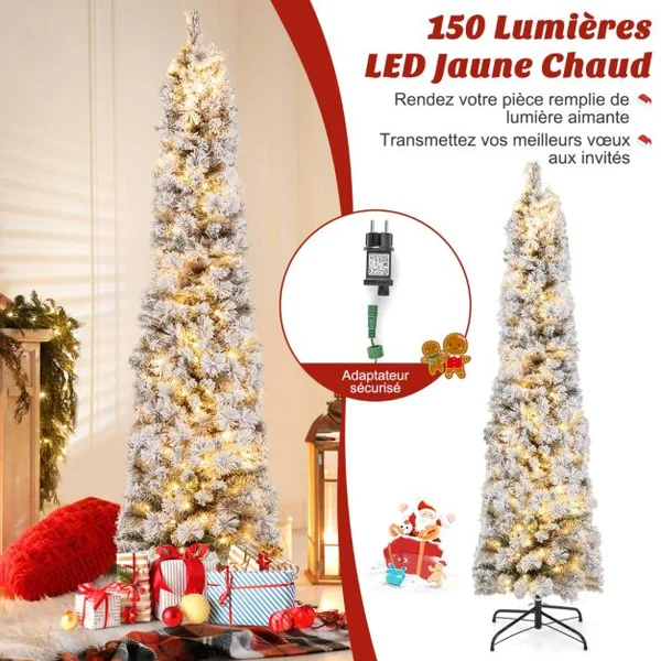 Sapin de Noël Artificiel Pré-éclairé 180 cm en Forme de Crayon Floqué de Neige 150 Lumières Blanches Chaudes 373 Pointes de Branches Aiguilles de Pin