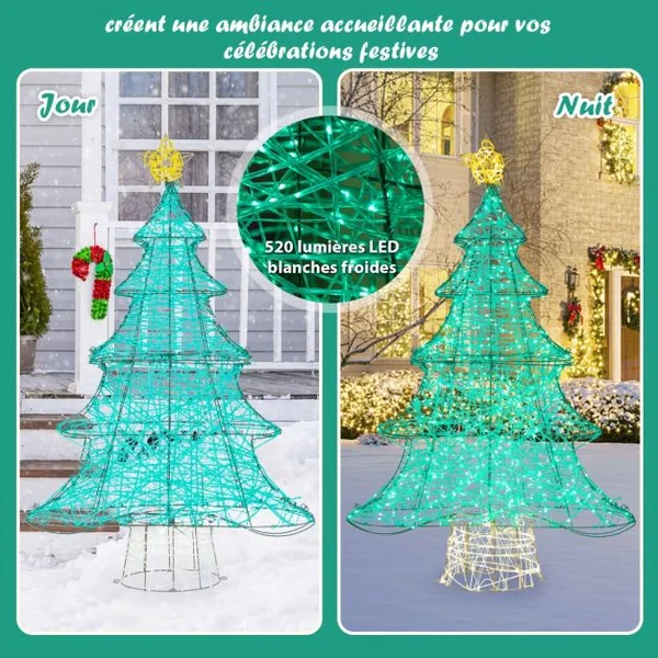 Sapin de Noël Artificiel Pré-éclairé de 123 cm Décoration de Noël en Tuyau avec 520 LED Étoile au Sommet Guirlande Lumineuse Étanche