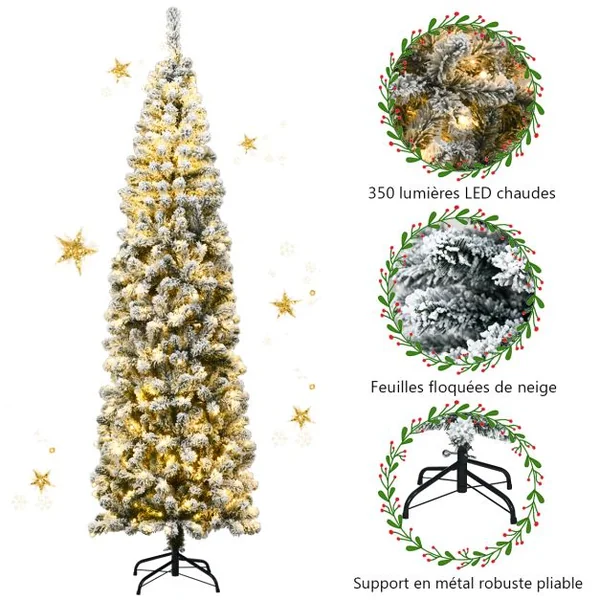 Sapin de Noël Artificiel à Flocons de Neige LED 225CM à Charnières avec 350 Lumières Aiguilles en PVC Support Métallique