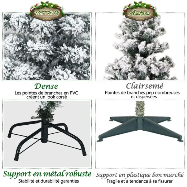 Sapin de Noël Artificiel à Flocons de Neige LED 225CM à Charnières avec 350 Lumières Aiguilles en PVC Support Métallique