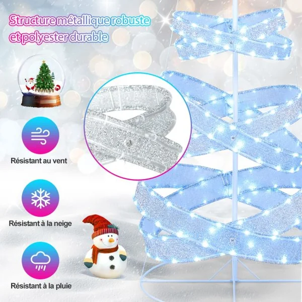 Sapin de Noël en Spirale de 210 cm avec 341 Lumières LED Colorées Arbre de Noël Artificiel Pliable avec Cadre en Fer Décoration de Noël