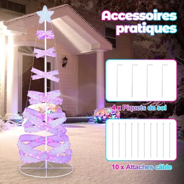 Sapin de Noël en Spirale de 210 cm avec 341 Lumières LED Colorées Arbre de Noël Artificiel Pliable avec Cadre en Fer Décoration de Noël