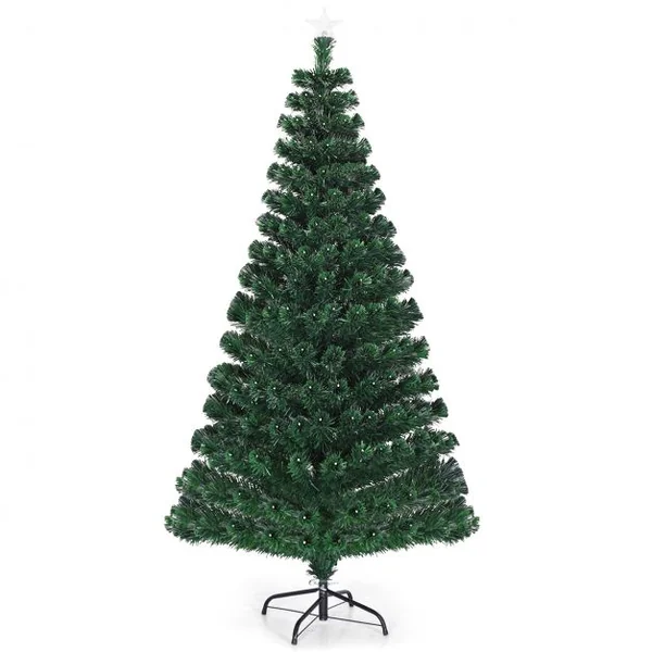 Sapin de Noël LED 150 cm avec 180 Lumières 8 Modes d’Illuminations à Fibre Optique Pré-éclairé Aiguilles en PVC 180 Branches