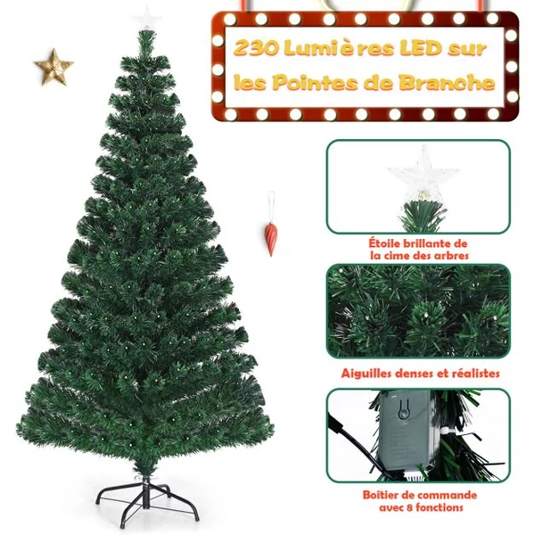 Sapin de Noël LED 180 cm avec 230 Lumières 8 Modes d’Illuminations à Fibre Optique Pré-éclairé Aiguilles en PVC 230 Branches
