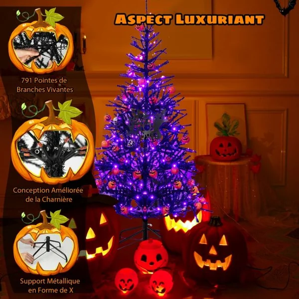 Sapin de Noël Noir 180CM Sapin Artificiel d'Halloween avec 791 Branches 250 Lumières Arbre de Décoration pour Maison Bureau