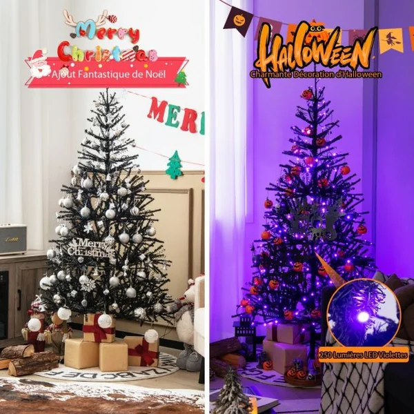 Sapin de Noël Noir 180CM Sapin Artificiel d'Halloween avec 791 Branches 250 Lumières Arbre de Décoration pour Maison Bureau