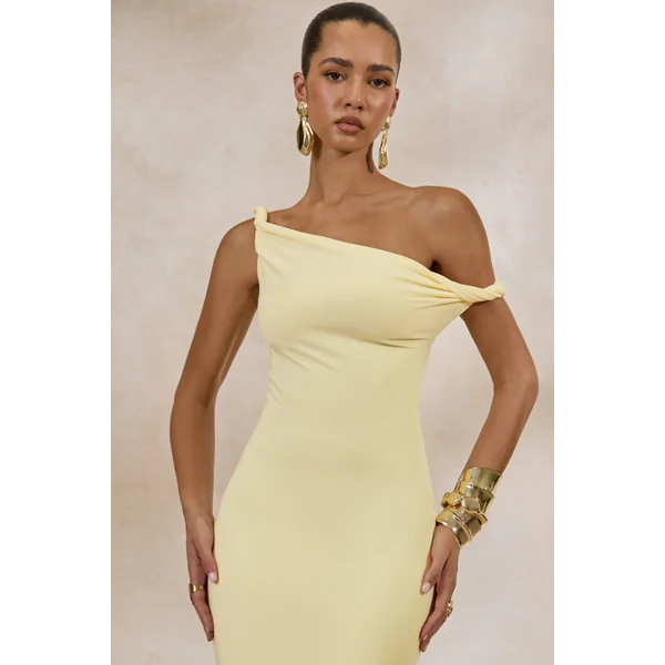 Sarafina | Robe mi-longue jaune citron à col asymétrique torsadé