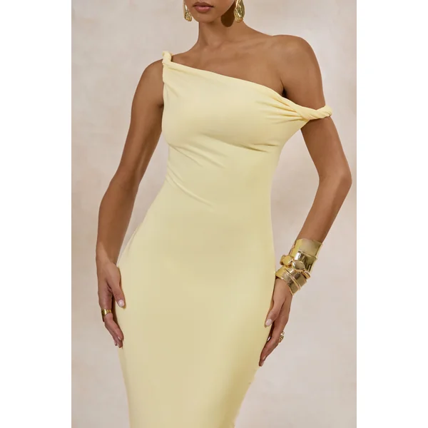 Sarafina | Robe mi-longue jaune citron à col asymétrique torsadé
