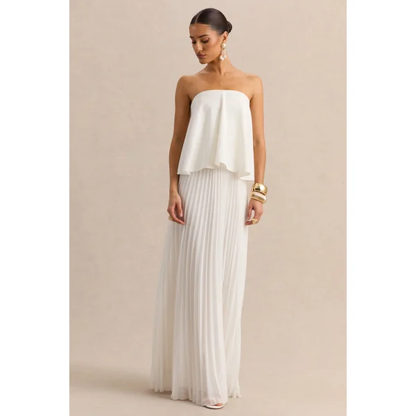 Saralyn | Robe longue bandeau blanche avec jupe plissée
