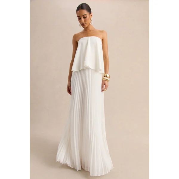 Saralyn | Robe longue bandeau blanche avec jupe plissée