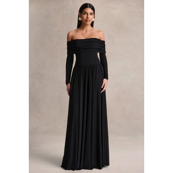 Saskia | Robe longue noire à encolure bardot