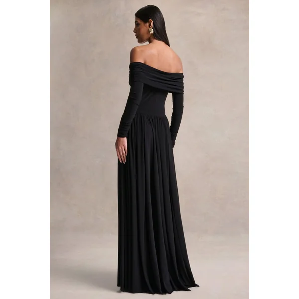 Saskia | Robe longue noire à encolure bardot
