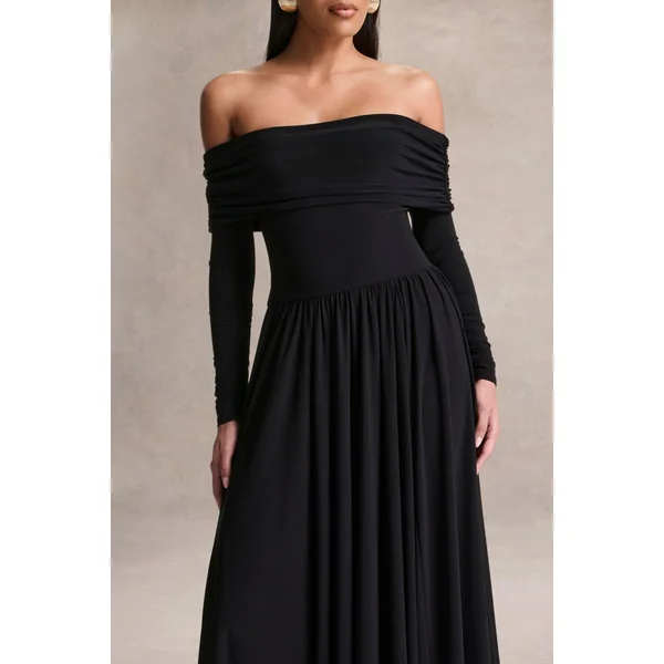 Saskia | Robe longue noire à encolure bardot