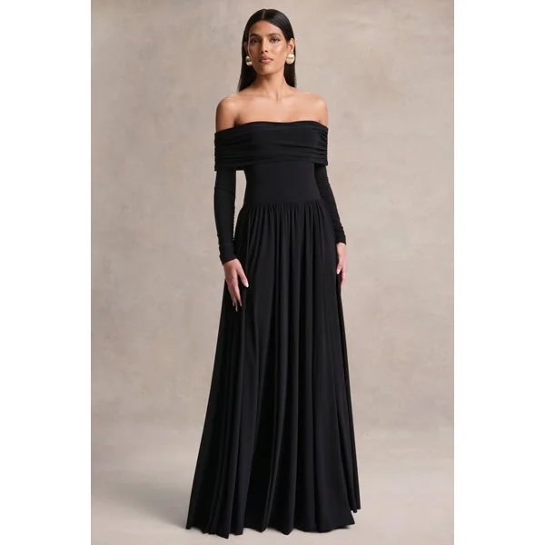 Saskia | Robe longue noire à encolure bardot
