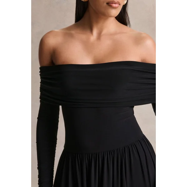 Saskia | Robe longue noire à encolure bardot