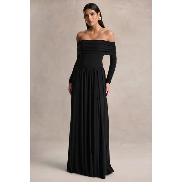 Saskia | Robe longue noire à encolure bardot