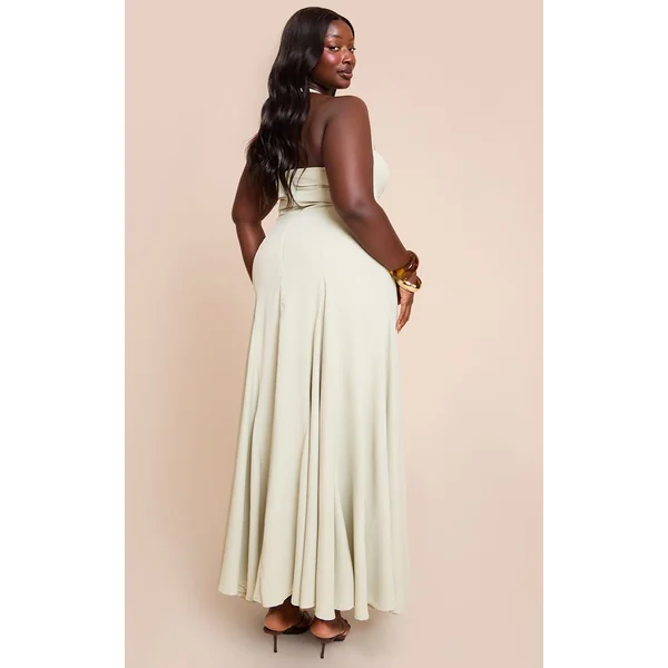 Sauge Robe Longue Grande Taille Tissée À Encolure Américaine Avec Détail Froncé Au Buste