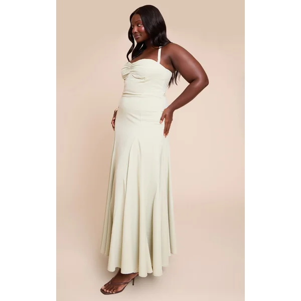 Sauge Robe Longue Grande Taille Tissée À Encolure Américaine Avec Détail Froncé Au Buste