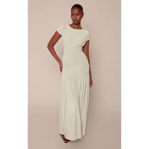 Sauge Robe Longue Moulante À Manches Courtes Avec Détails Froncés