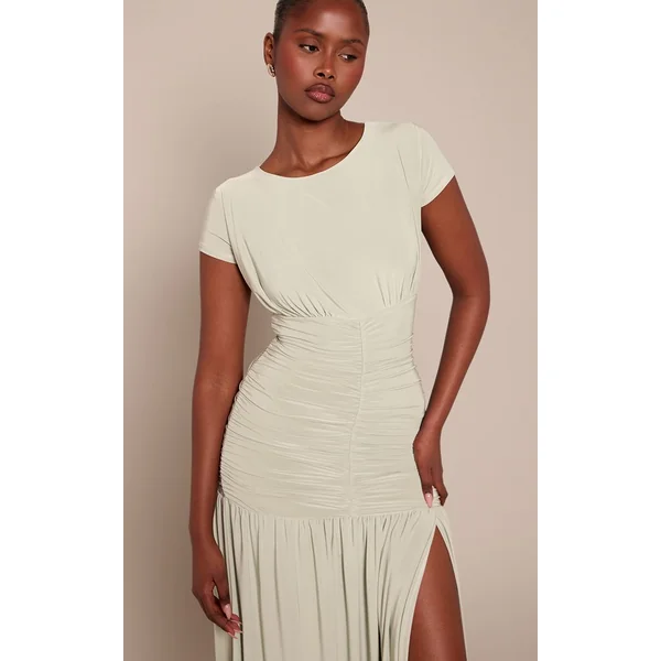 Sauge Robe Longue Moulante À Manches Courtes Avec Détails Froncés