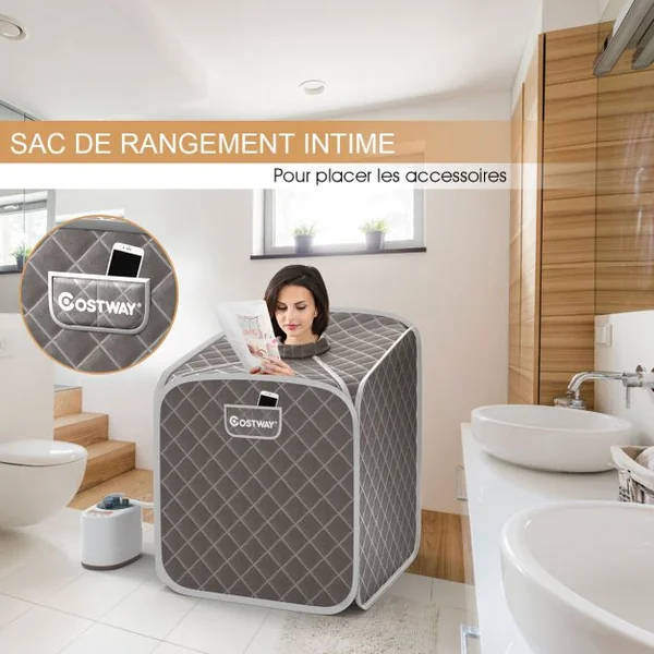 Sauna à Vapeur Portable 2L avec Chaise 9 Niveaux de Température Réglables Tente de Spa pour 1 personne avec Rouleau de Massage Gris