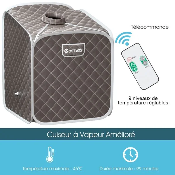 Sauna à Vapeur Portable 2L avec Chaise 9 Niveaux de Température Réglables Tente de Spa pour 1 personne avec Rouleau de Massage Gris