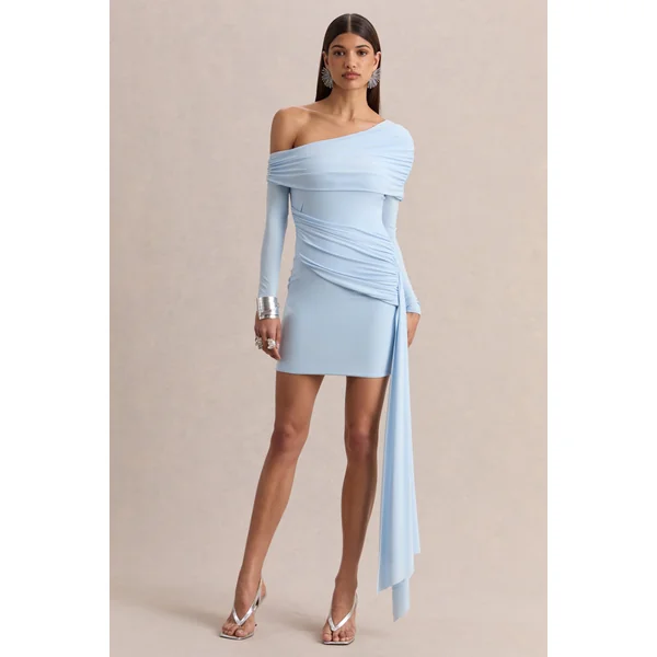 Savita | Mini-robe asymétrique bleu poudré froncée avec drapé