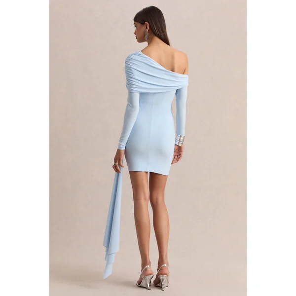 Savita | Mini-robe asymétrique bleu poudré froncée avec drapé