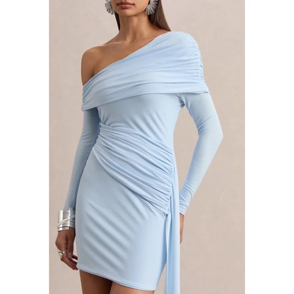 Savita | Mini-robe asymétrique bleu poudré froncée avec drapé
