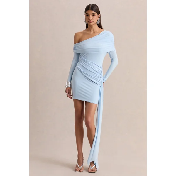 Savita | Mini-robe asymétrique bleu poudré froncée avec drapé