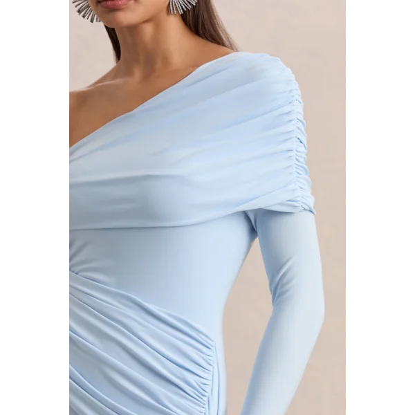 Savita | Mini-robe asymétrique bleu poudré froncée avec drapé