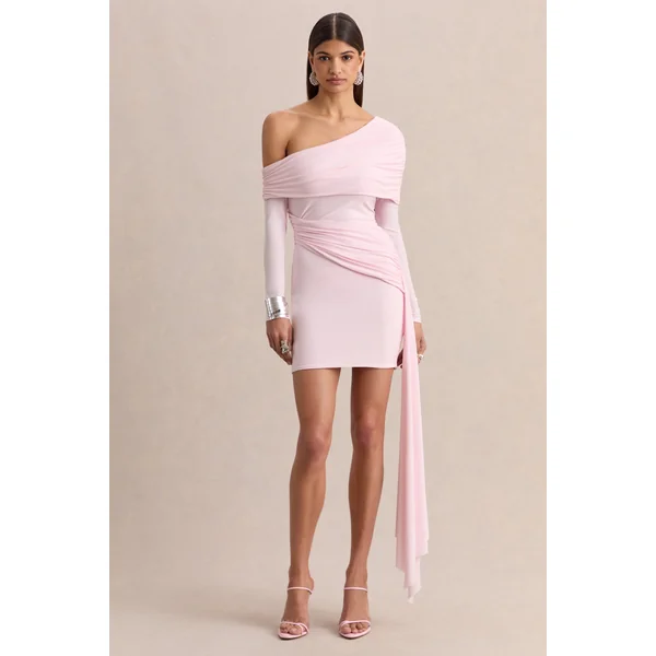Savita | Mini-robe asymétrique froncée rose clair avec drapé