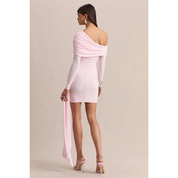Savita | Mini-robe asymétrique froncée rose clair avec drapé