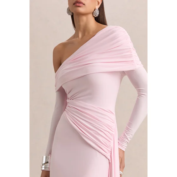 Savita | Mini-robe asymétrique froncée rose clair avec drapé