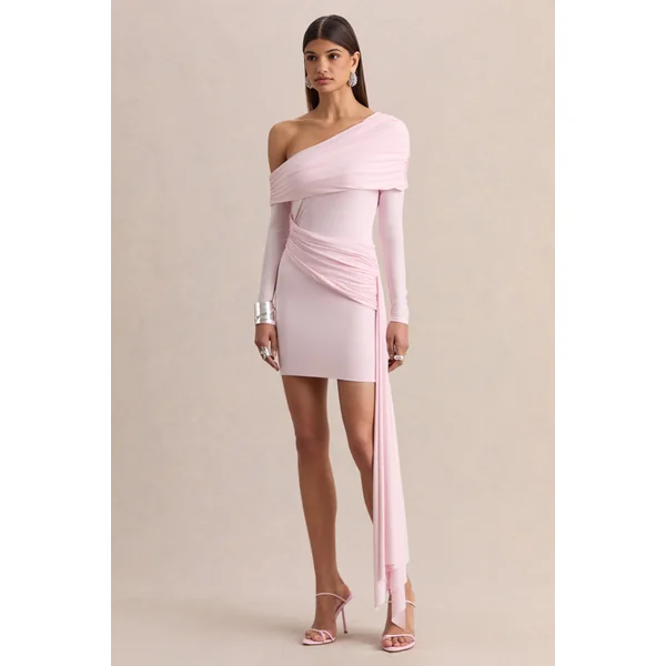 Savita | Mini-robe asymétrique froncée rose clair avec drapé