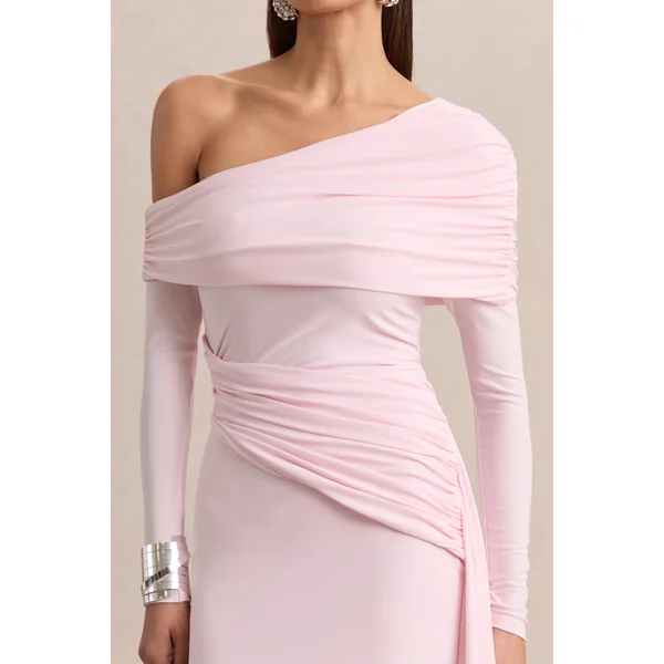 Savita | Mini-robe asymétrique froncée rose clair avec drapé