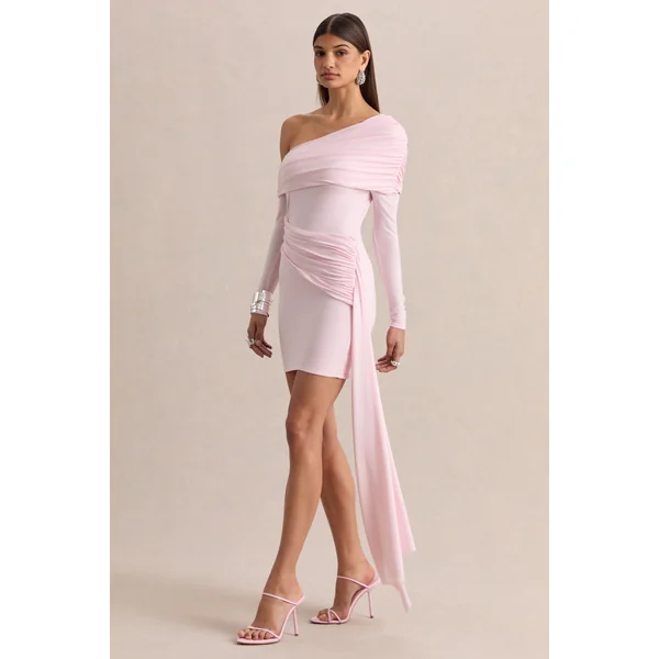 Savita | Mini-robe asymétrique froncée rose clair avec drapé