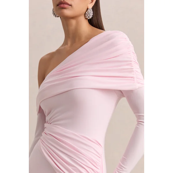 Savita | Mini-robe asymétrique froncée rose clair avec drapé